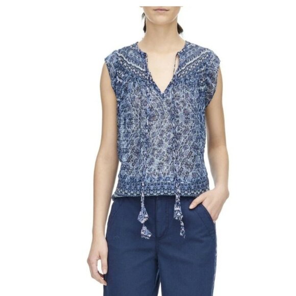 Rebecca Taylor Peasant Blouse Womens 0 Blue Sleeveless Paisley Silk Cotton Top - Picture 5 of 8